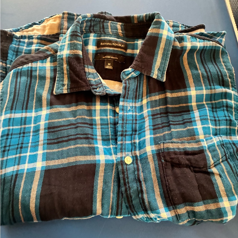 Banana Republic Teal and Black Plaid Button-Down Shirt